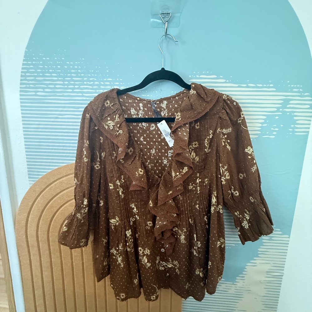Anthropologie Brown Floral Ruffle Blouse
